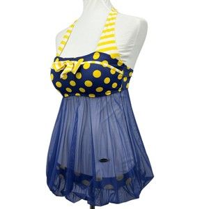 Retro Inspired One Piece Bathing Suit Fandecie Blue Yellow Dots Modest